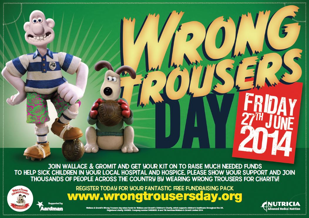 Wallace and Gromit - It's Wrong Trousers Day on 27th June! Why not have fun  swapping your boring old trousers for something a bit more wacky and  helping Wallace & Gromit's children's